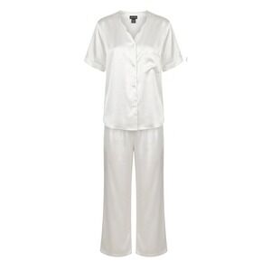 Jolynn Vintage Ivory Satin 2-Piece Pajama Set Short Sleeve Button Up Pants M NWT
